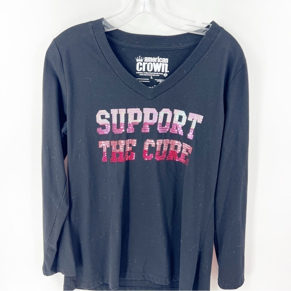 ✅ The Cure Black V-Neck Sequin Embellished Breast Cancer LS Top Size LARGE